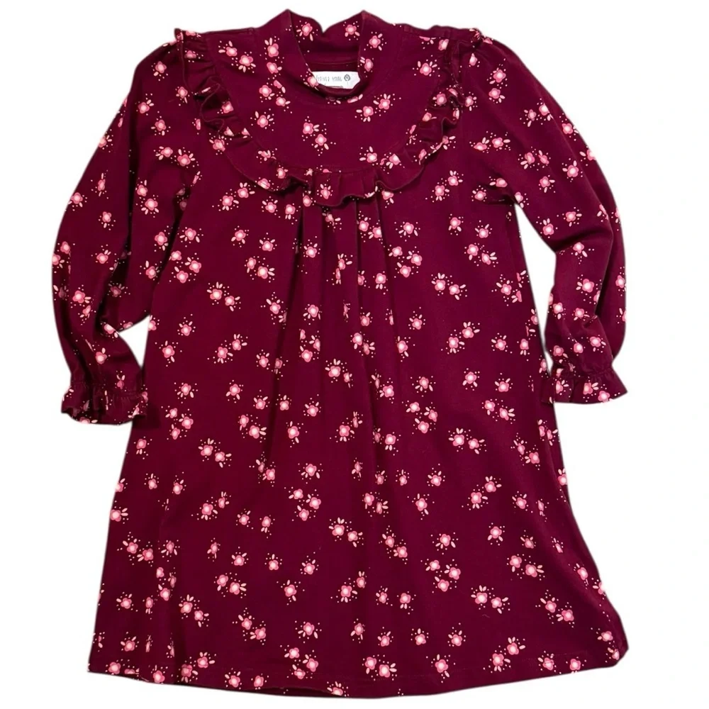Forever Young by Sue Gang Girls Dress 7Y Vintage Style Floral Burgundy Ruffle